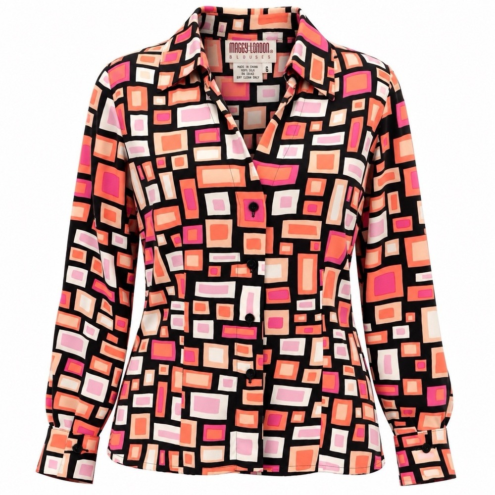Vintage 80s 90s MAGGY LONDON Sz 6 Geometric 100% Silk Button Up Blouse Artsy